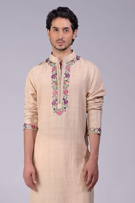 Shop_Talking Threads_Beige Silk Embroidered Kashidakari Band Collar Floral Kurta  _Online_at_Aza_Fashions
