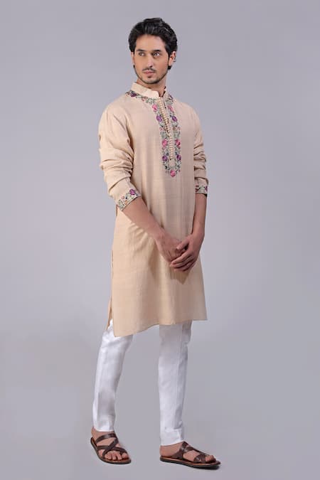 Talking Threads_Beige Silk Embroidered Kashidakari Band Collar Floral Kurta  _at_Aza_Fashions