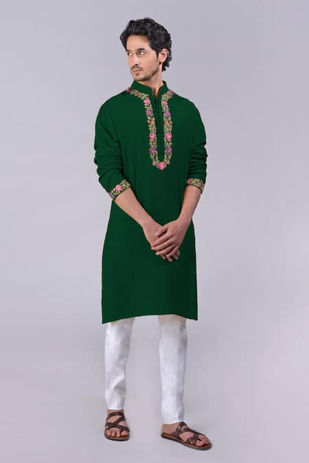 Talking Threads Green Silk Embroidered Kashidakari Band Collar Kurta  