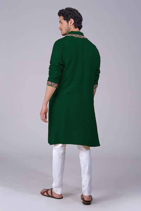 Shop Talking Threads Green Silk Embroidered Kashidakari Band Collar Kurta at Aza Fashions Shop_Talking Threads_Green Silk Embroidered Kashidakari Band Collar Kurta _at_Aza_Fashions