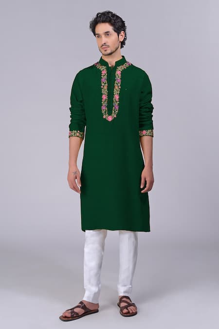 Talking Threads Green Silk Embroidered Kashidakari Band Collar Kurta Online at Aza Fashions Talking Threads_Green Silk Embroidered Kashidakari Band Collar Kurta _Online_at_Aza_Fashions