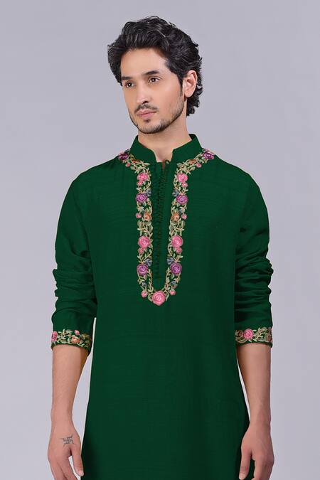 Buy Talking Threads Green Silk Embroidered Kashidakari Band Collar Kurta Online at Aza Fashions Buy_Talking Threads_Green Silk Embroidered Kashidakari Band Collar Kurta _Online_at_Aza_Fashions