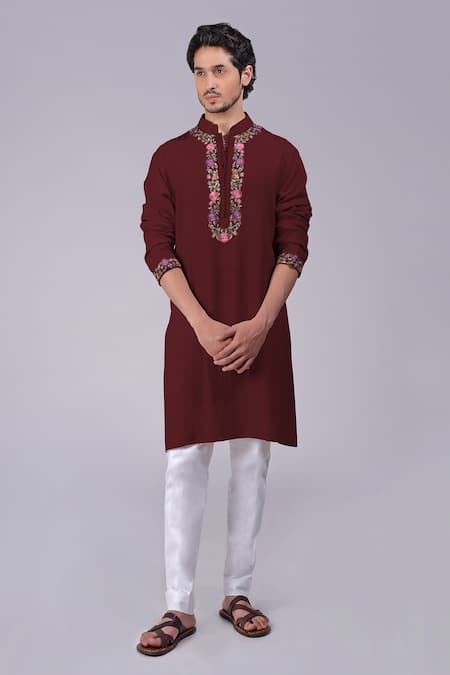 Talking Threads Maroon Silk Embroidered Kashidakari Loop Buttoned Kurta  
