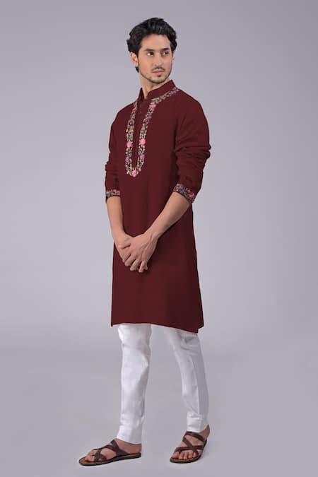 Buy Talking Threads Maroon Silk Embroidered Kashidakari Loop Buttoned Kurta Online at Aza Fashions Buy_Talking Threads_Maroon Silk Embroidered Kashidakari Loop Buttoned Kurta _Online_at_Aza_Fashions