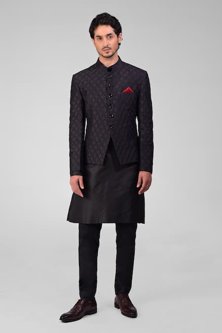 Talking Threads_Black Silk Embroidered Thread Chikankari Bandhgala Kurta Set  _Online_at_Aza_Fashions