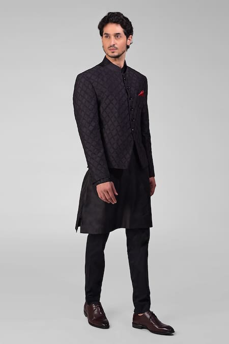 Buy_Talking Threads_Black Silk Embroidered Thread Chikankari Bandhgala Kurta Set  _Online_at_Aza_Fashions