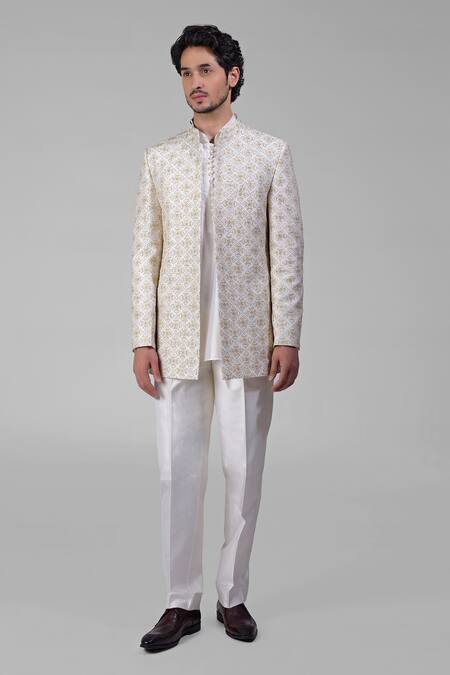 Talking Threads_Ivory Silk Embroidered Zari Bandhgala Kurta Set  _Online_at_Aza_Fashions