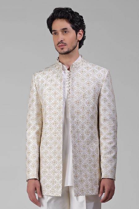 Buy_Talking Threads_Ivory Silk Embroidered Zari Bandhgala Kurta Set  _Online_at_Aza_Fashions