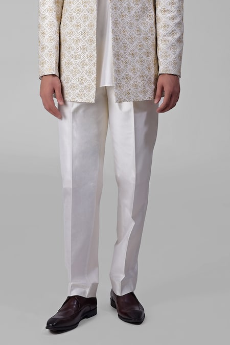 Shop_Talking Threads_Ivory Silk Embroidered Zari Bandhgala Kurta Set  _Online_at_Aza_Fashions