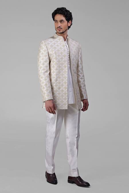 Talking Threads_Ivory Silk Embroidered Zari Bandhgala Kurta Set  _at_Aza_Fashions