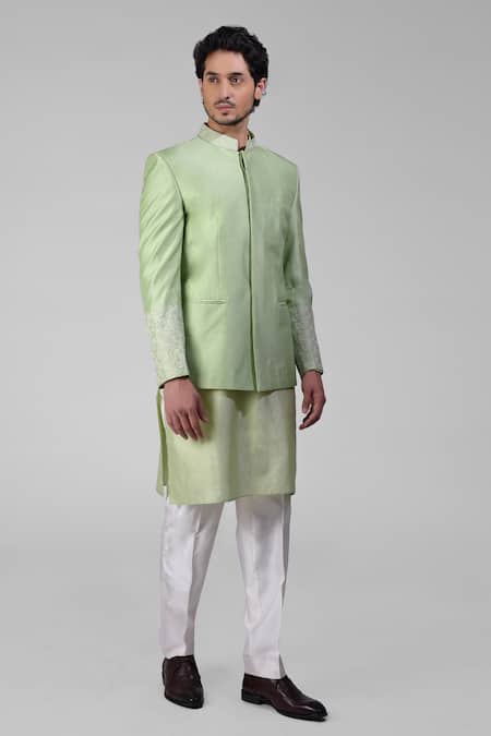 Talking Threads_Green Silk Embroidered Thread Floral Bandhgala Kurta Set  _Online_at_Aza_Fashions