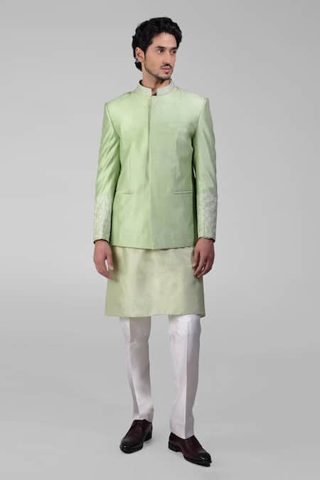 Buy_Talking Threads_Green Silk Embroidered Thread Floral Bandhgala Kurta Set  _Online_at_Aza_Fashions