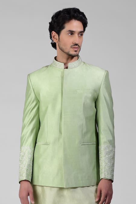 Shop_Talking Threads_Green Silk Embroidered Thread Floral Bandhgala Kurta Set  _Online_at_Aza_Fashions