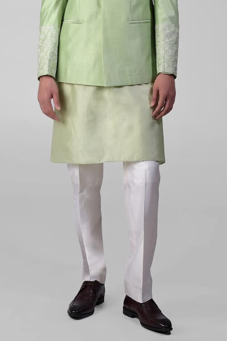 Talking Threads_Green Silk Embroidered Thread Floral Bandhgala Kurta Set  _at_Aza_Fashions