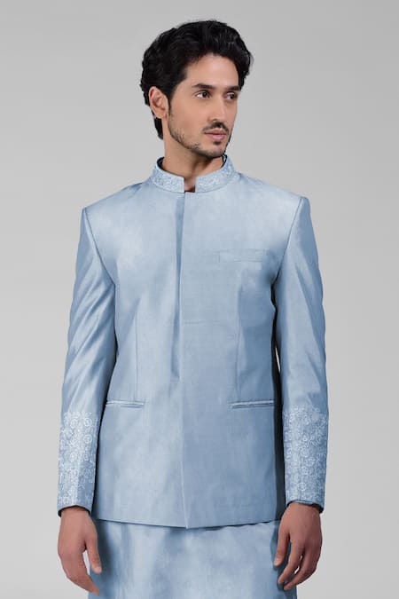 Shop_Talking Threads_Blue Silk Embroidered Thread Bandhgala Kurta Set  _Online_at_Aza_Fashions