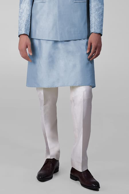 Talking Threads_Blue Silk Embroidered Thread Bandhgala Kurta Set  _at_Aza_Fashions
