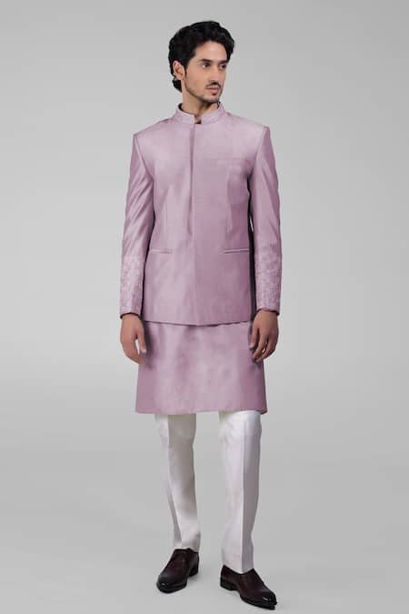 Talking Threads_Purple Silk Embroidered Thread Floral Bandhgala Kurta Set  _Online_at_Aza_Fashions