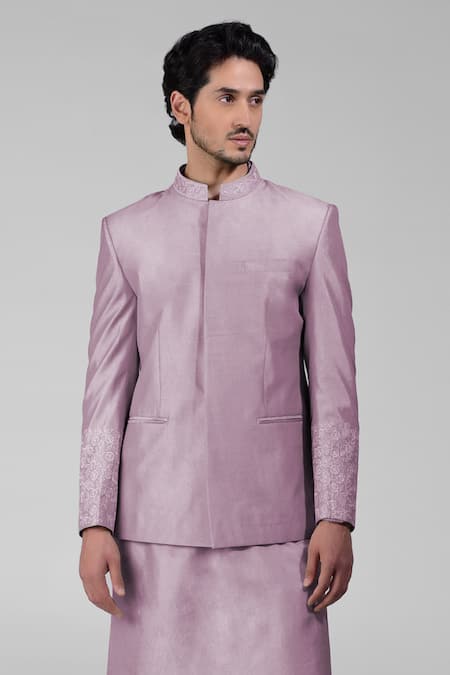 Buy_Talking Threads_Purple Silk Embroidered Thread Floral Bandhgala Kurta Set  _Online_at_Aza_Fashions