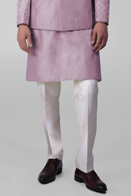 Shop_Talking Threads_Purple Silk Embroidered Thread Floral Bandhgala Kurta Set  _Online_at_Aza_Fashions