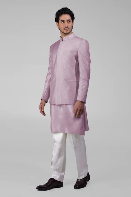 Buy_Talking Threads_Purple Silk Embroidered Thread Floral Bandhgala Kurta Set  