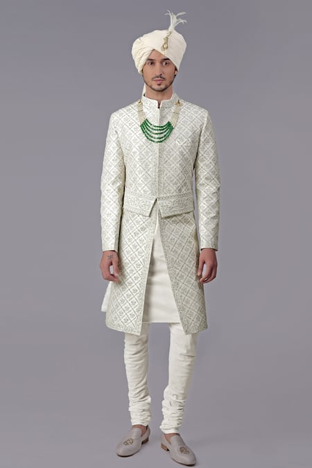 Talking Threads_Ivory Silk Embroidery Floral Chikankari Sherwani Set_Online_at_Aza_Fashions