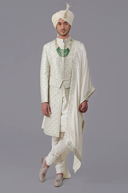 Buy_Talking Threads_Ivory Silk Embroidery Floral Chikankari Sherwani Set_Online_at_Aza_Fashions