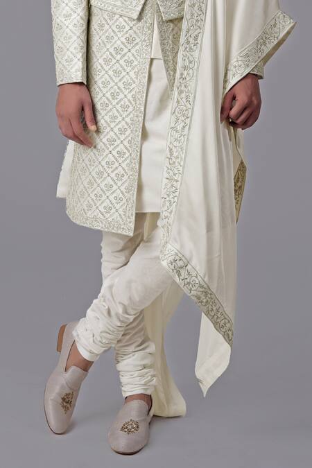 Talking Threads_Ivory Silk Embroidery Floral Chikankari Sherwani Set_at_Aza_Fashions