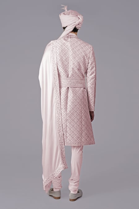 Shop Talking Threads Pink Silk Embroidered Chikankari Geometric Floral Sherwani Set at Aza Fashions Shop_Talking Threads_Pink Silk Embroidered Chikankari Geometric Floral Sherwani Set _at_Aza_Fashions