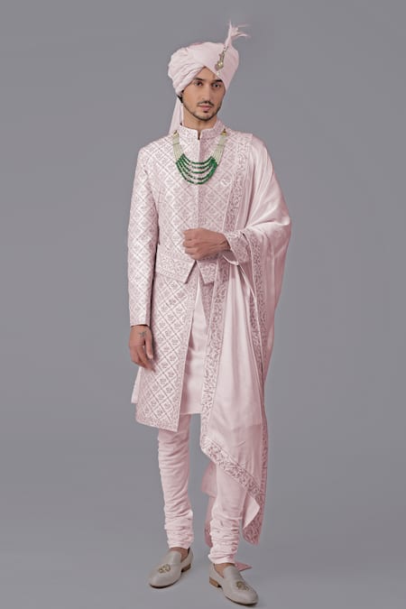 Talking Threads Pink Silk Embroidered Chikankari Geometric Floral Sherwani Set Online at Aza Fashions Talking Threads_Pink Silk Embroidered Chikankari Geometric Floral Sherwani Set _Online_at_Aza_Fashions