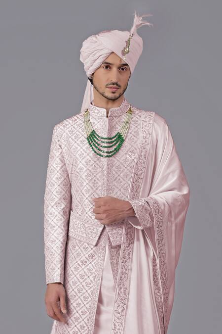 Buy Talking Threads Pink Silk Embroidered Chikankari Geometric Floral Sherwani Set Online at Aza Fashions Buy_Talking Threads_Pink Silk Embroidered Chikankari Geometric Floral Sherwani Set _Online_at_Aza_Fashions