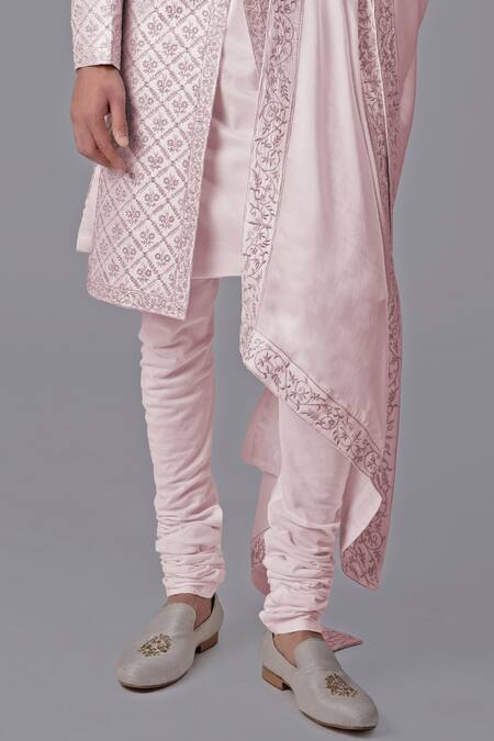 Shop Talking Threads Pink Silk Embroidered Chikankari Geometric Floral Sherwani Set Online at Aza Fashions Shop_Talking Threads_Pink Silk Embroidered Chikankari Geometric Floral Sherwani Set _Online_at_Aza_Fashions