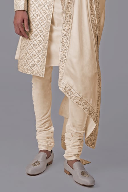 Buy_Talking Threads_Gold Silk Embroidery Floral Hand Sherwani Set_Online_at_Aza_Fashions
