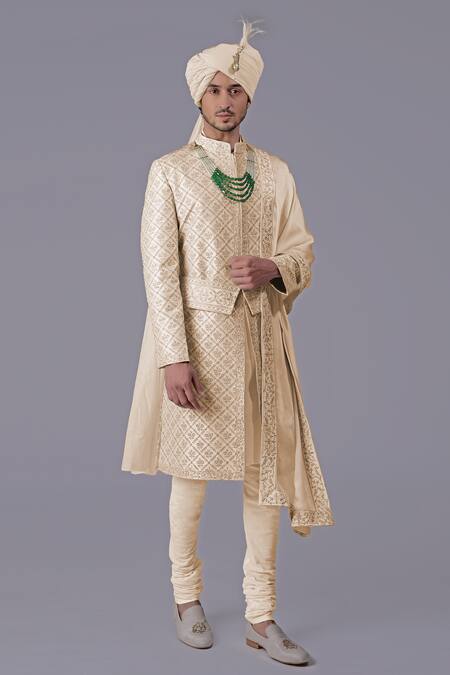 Shop_Talking Threads_Gold Silk Embroidery Floral Hand Sherwani Set_Online_at_Aza_Fashions