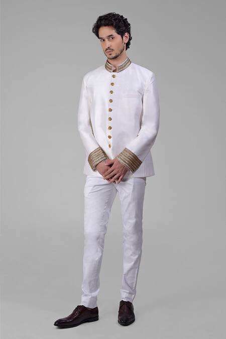 Buy_Talking Threads_Ivory Silk Embroidered Thread Bandhgala And Pant Set  _Online_at_Aza_Fashions