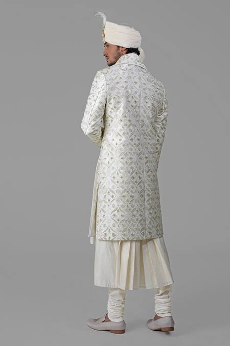 Shop Talking Threads Ivory Silk Embroidered Thread Sherwani Set at Aza Fashions Shop_Talking Threads_Ivory Silk Embroidered Thread Sherwani Set _at_Aza_Fashions