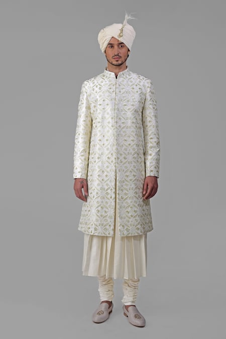 Talking Threads Ivory Silk Embroidered Thread Sherwani Set Online at Aza Fashions Talking Threads_Ivory Silk Embroidered Thread Sherwani Set _Online_at_Aza_Fashions