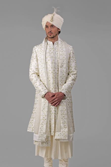 Buy Talking Threads Ivory Silk Embroidered Thread Sherwani Set Online at Aza Fashions Buy_Talking Threads_Ivory Silk Embroidered Thread Sherwani Set _Online_at_Aza_Fashions