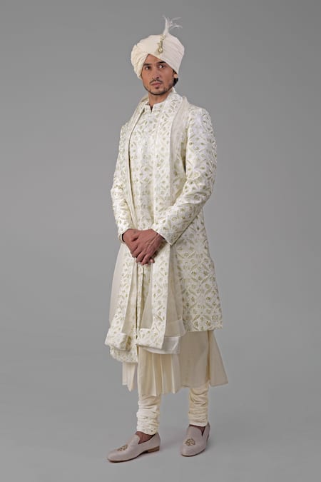 Shop Talking Threads Ivory Silk Embroidered Thread Sherwani Set Online at Aza Fashions Shop_Talking Threads_Ivory Silk Embroidered Thread Sherwani Set _Online_at_Aza_Fashions