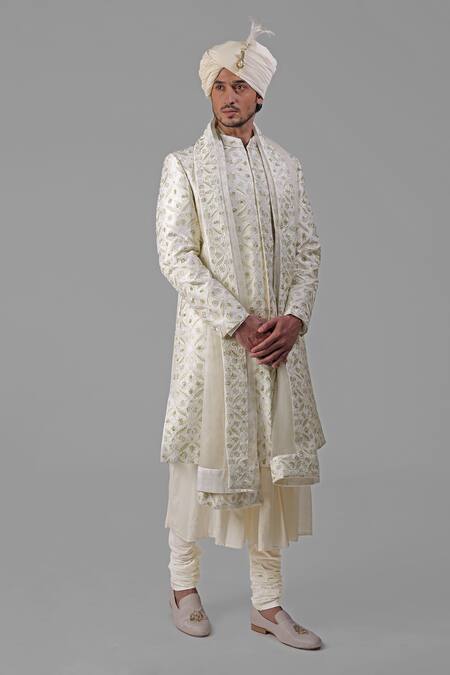 Talking Threads Ivory Silk Embroidered Thread Sherwani Set at Aza Fashions Talking Threads_Ivory Silk Embroidered Thread Sherwani Set _at_Aza_Fashions