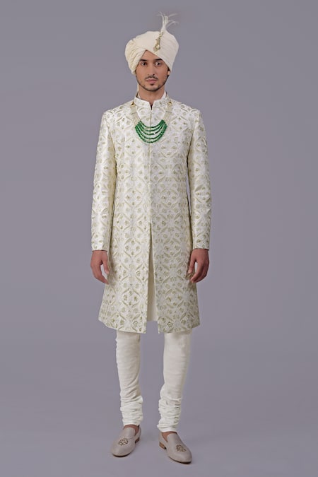 Talking Threads_Ivory Silk Embroidered Thread Sherwani Set _Online_at_Aza_Fashions