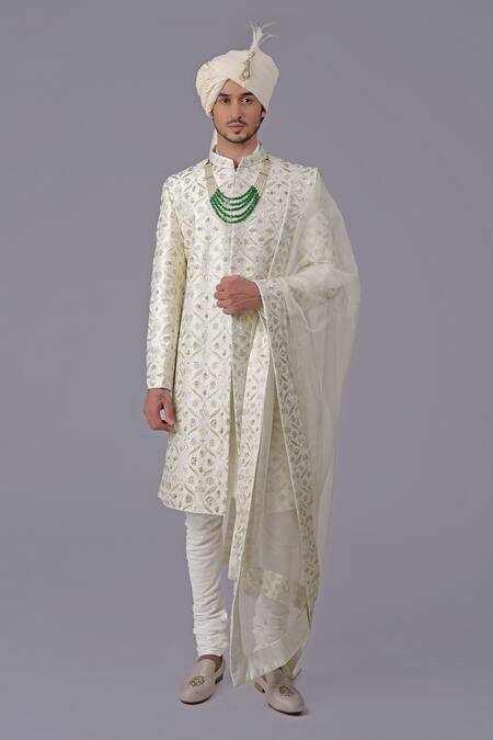 Buy_Talking Threads_Ivory Silk Embroidered Thread Sherwani Set _Online_at_Aza_Fashions