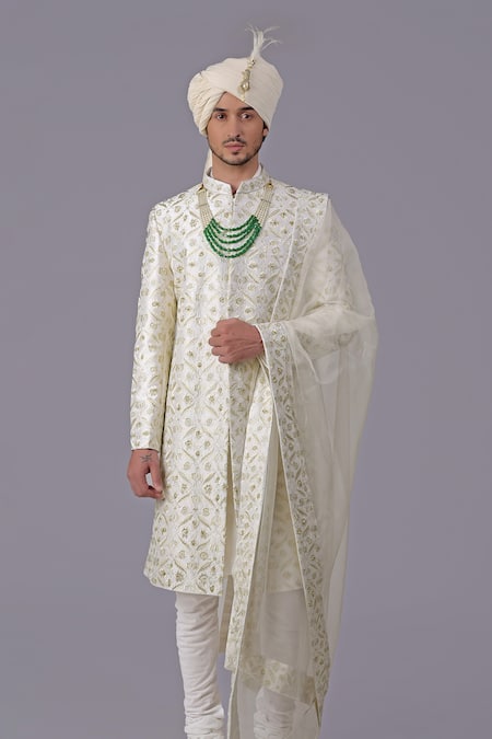 Shop_Talking Threads_Ivory Silk Embroidered Thread Sherwani Set _Online_at_Aza_Fashions