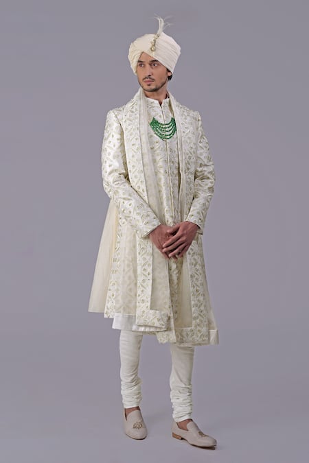 Talking Threads_Ivory Silk Embroidered Thread Sherwani Set _at_Aza_Fashions