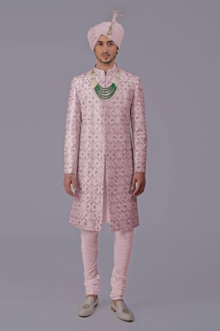 Talking Threads_Purple Silk Embroidered Thread Sherwani Set  _Online_at_Aza_Fashions