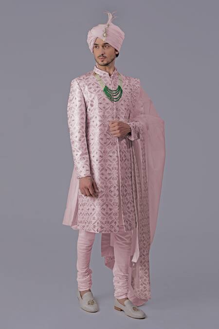 Buy_Talking Threads_Purple Silk Embroidered Thread Sherwani Set  _Online_at_Aza_Fashions