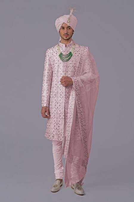 Shop_Talking Threads_Purple Silk Embroidered Thread Sherwani Set  _Online_at_Aza_Fashions