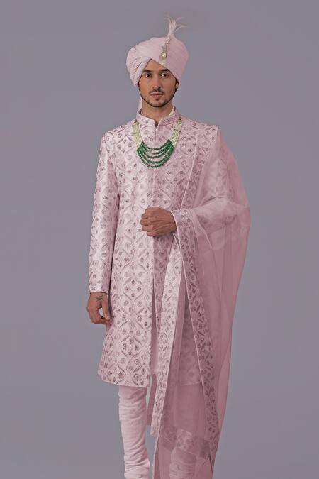Talking Threads_Purple Silk Embroidered Thread Sherwani Set  _at_Aza_Fashions