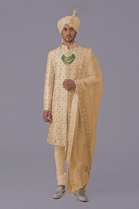 Talking Threads_Gold Silk Embroidered Thread Floral Jaal Sherwani Set  _Online_at_Aza_Fashions