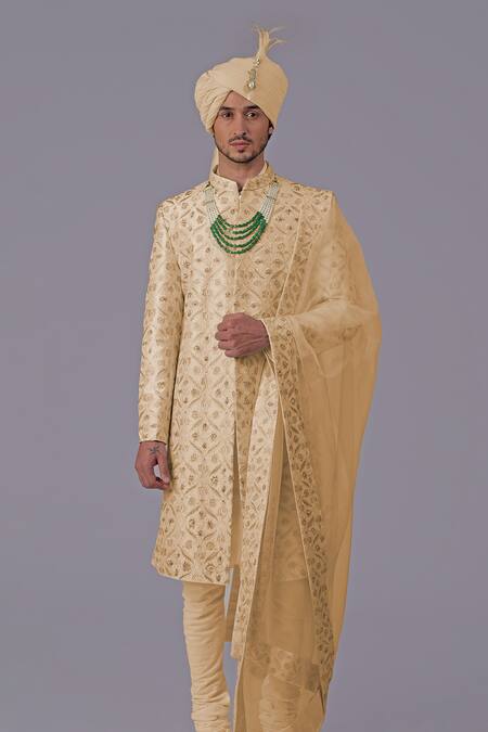 Buy_Talking Threads_Gold Silk Embroidered Thread Floral Jaal Sherwani Set  _Online_at_Aza_Fashions