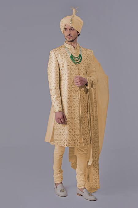 Shop_Talking Threads_Gold Silk Embroidered Thread Floral Jaal Sherwani Set  _Online_at_Aza_Fashions